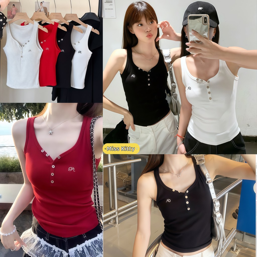Miss Kitty เสือกล้าม มีฟองน้ำ สไตล์เกาหลี ลายปักตัวอักษร ใส่สบาย ผ้าใส่สบาย -FY10108