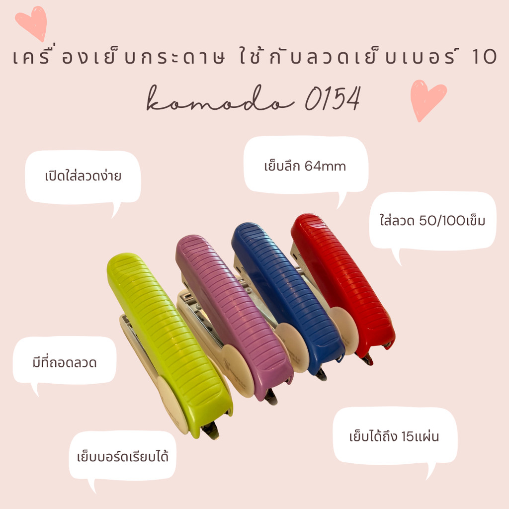 เครื่องเย็บกระดาษ ใช้คู่กับลวดเย็บเบอร์10 สีลูกกวาด ใส่ลวดเย็บได้ถึง100เข็ม เย็บแบบกางได้ เปิดใส่ลวดง่าย พร้อมส่งในไทย