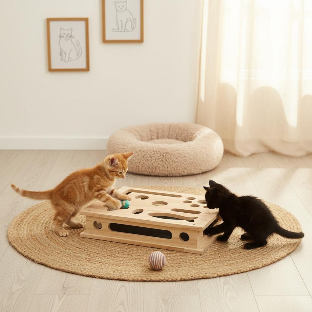 Interactive Feline Scratch Challenge Box ไม้แข็งแรง Feline Maze ทําความสะอาดง่ายสําหรับในร่ม