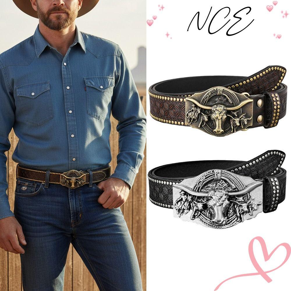 NCE เข็มขัดลําลองธุรกิจ, Western Cowboy Luxury Design เข็มขัดหนัง PU ผู้ชาย, เข็มขัดหัววัวแบรนด์อินเทรนด์ย้อนยุค
