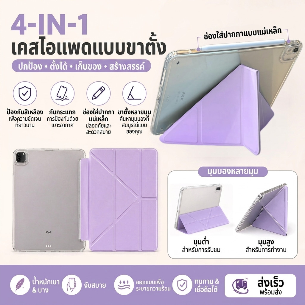2026Air8 Mini8 รุ่นใหม่ เคส iPad อะคริลิคพับได้หลายระดับกันกระแทก Air4/5 10.9 Gen11 A16/Gen10Mini6/7Air11 M4 Pro11M5/M4