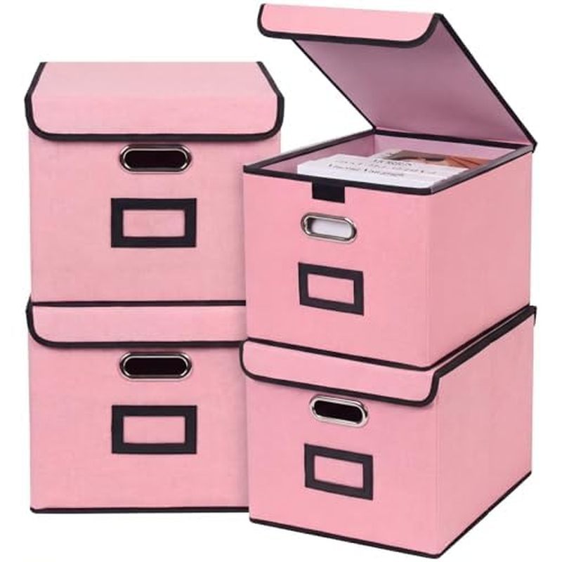 File Storage Box with Lid, 15.55x12.87x10.43 Inches, Foldable Organizer with Handles & Label Slot, f