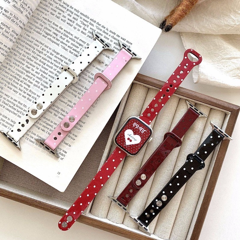 Polka Dot สายหนังสําหรับ Apple Watch 42/46/44/45/40/41/38/49 มม. เอวเล็ก รองรับ iWatch Series 11/10/9/8/7/SE/6/5/4/3/Ultra3/2