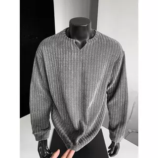 ZENOX ซื้อ 1 แถม 2 Unisex V คอ Chenille Herringbone เสื้อกันหนาวขนาดใหญ่แขนยาวเสื้อลําลอง Streetwear Plus ขนาดสีดําสีเทา M-3XL