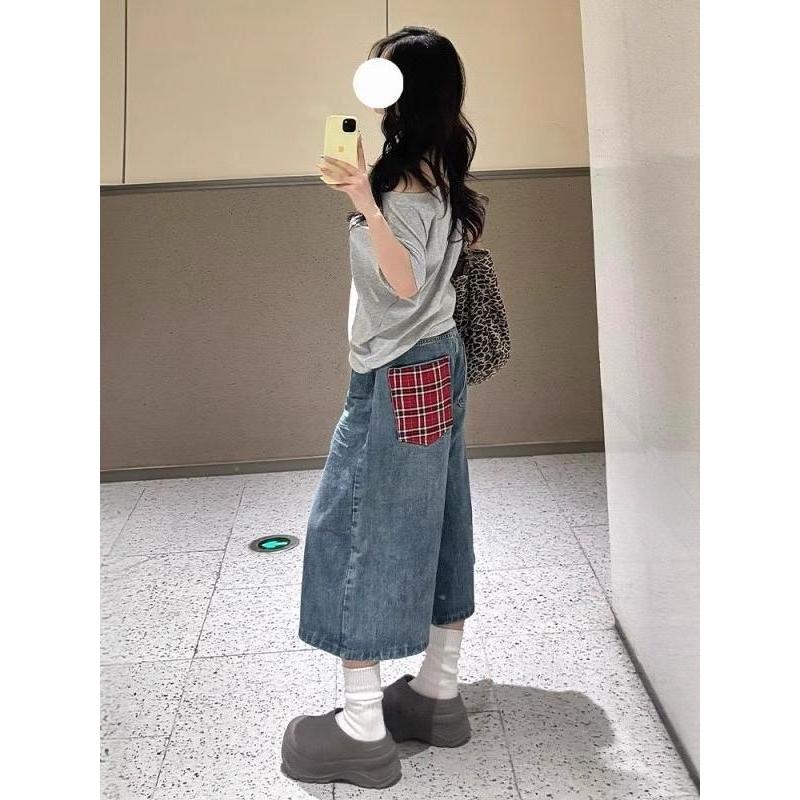 กางเกงขาสั้นสบาย Korean shorts cicishop1 American Red Check Over-the-Knee Cropped Denim Shorts ผู้หญ