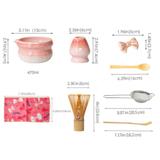 ชุดชงชาเขียวมัทฉะ 7 ชิ้น พร้อมกล่องของขวัญสีชมพูน่ารัก ประกอบด้วย ชามเซรามิก ช้อน ที่ตีชาไม้ไผ่ แปรงชา และอุปกรณ์สำหรับพิธีชงชาเขียวมัทฉะ