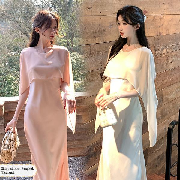 [สินค้าพร้อมส่ง]เดรสผ้าซาตินสุดหรูและทันสมัย ​​ดีไซน์ปกคอแบบผ้าคลุมไหล่ที่ไม่เหมือนใคร และเข้ารูปช่วงเอวงานวันเกิด#99411
