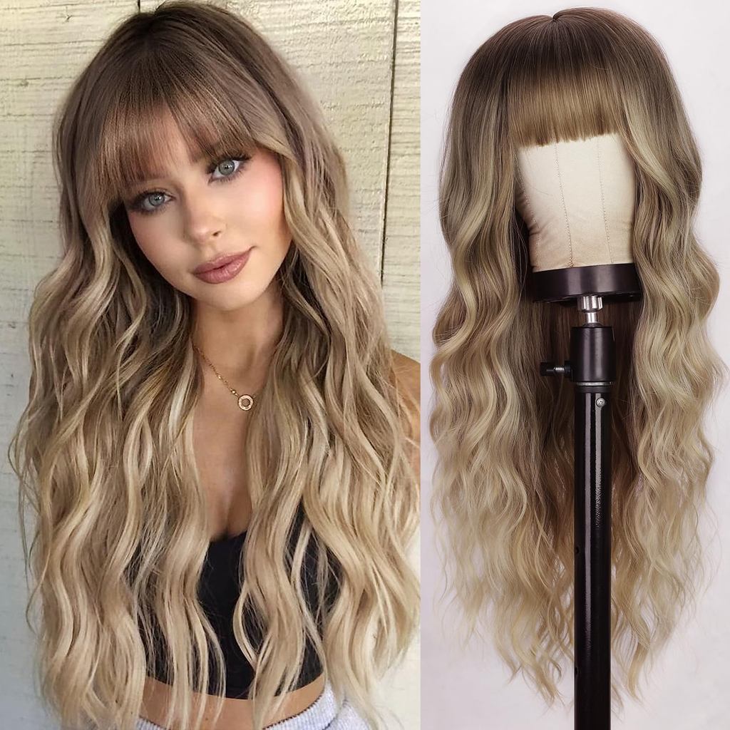 Lativ สีบลอนด์วิกผม Bangs ยาวหยัก Curly Ombre วิกผม Dark Root สังเคราะห์วิกผมทนความร้อนสําหรับผู้หญิ