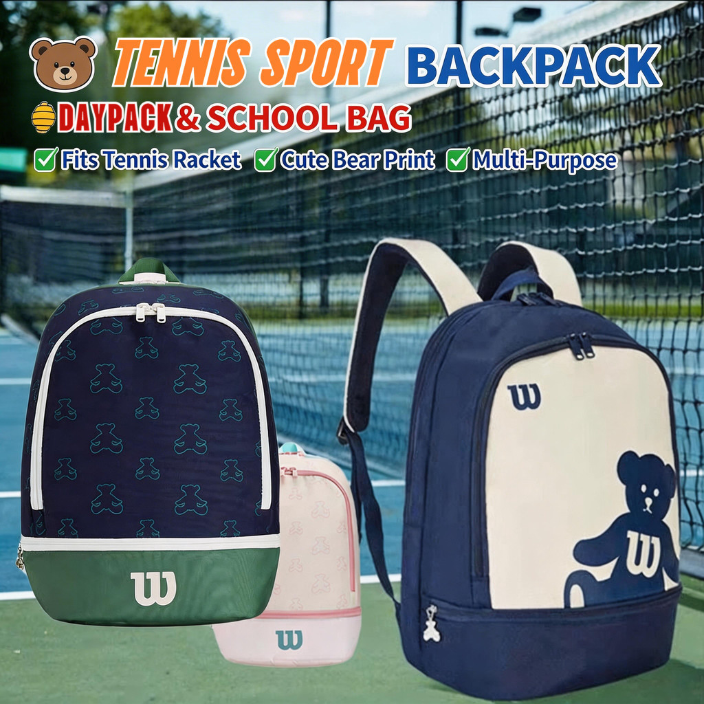 กระเป๋าเป้เทนนิส Wilson สำหรับใส่ไม้เทนนิส กระเป๋านักเรียน กระเป๋าผ้าแคนวาสสำหรับใช้งานประจำวัน กระเป๋าอเนกประสงค์สำหรับ