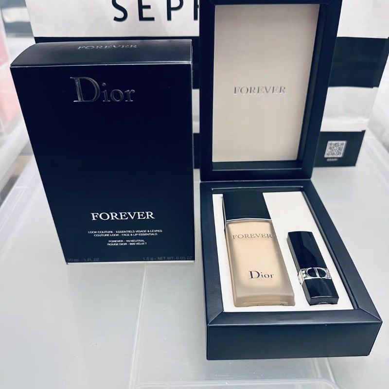 [กล่องชุดดาว] DIOR Lock Makeup Liquid Foundation ชุดสองชิ้นแพ็คเกจทางการ 1N#30ml+999 ลิปสติกกํามะหยี