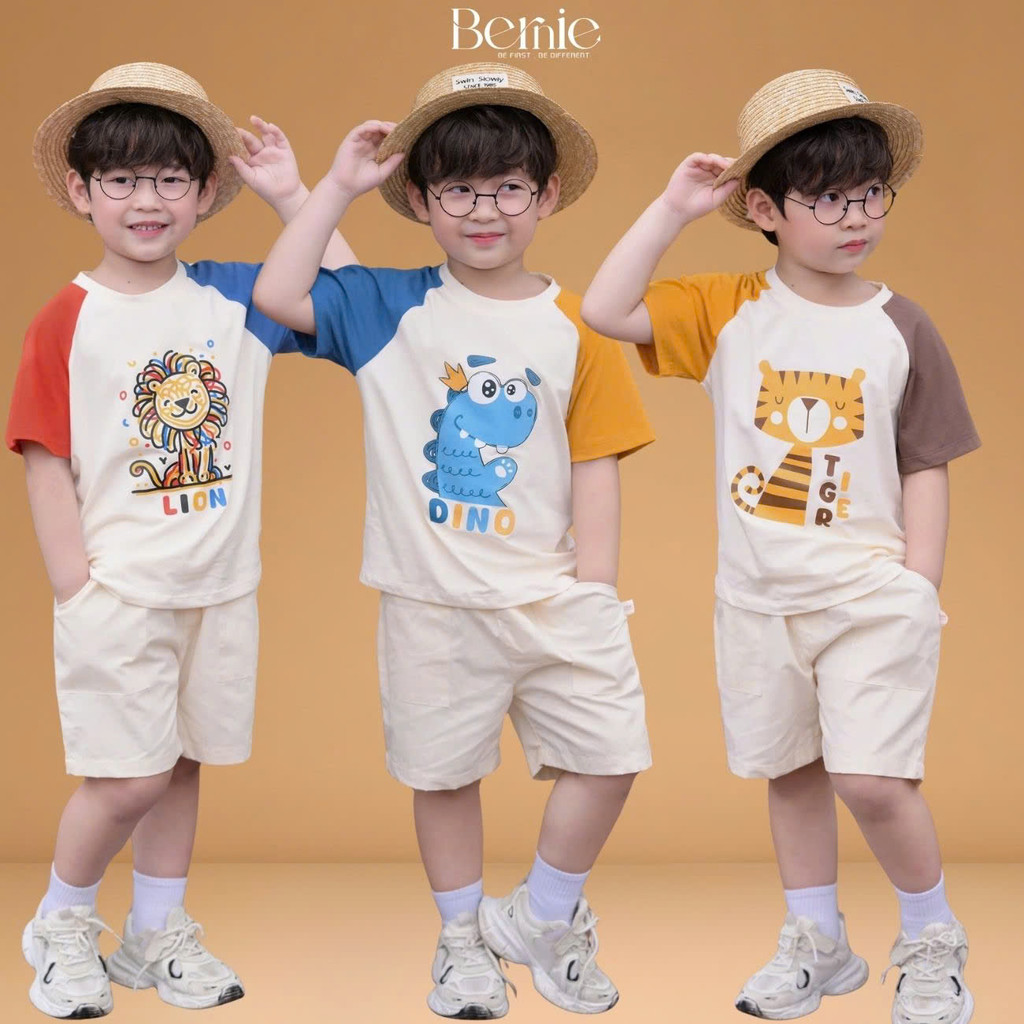 ชุดเสื้อยืดแขนสั้นเด็กชาย Funny Animal ผ้าฝ้ายและกางเกงขาสั้นสีกากี 1 ถึง 7 ปี BERNIE H0226B06D