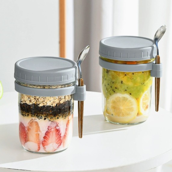 แก้วใส มีสเกล 300ml พร้อมฝาและช้อน แก้วพกพา Overnight oats cup มีขีดวัด ml ใส่อาหาร น้ำผลไม้