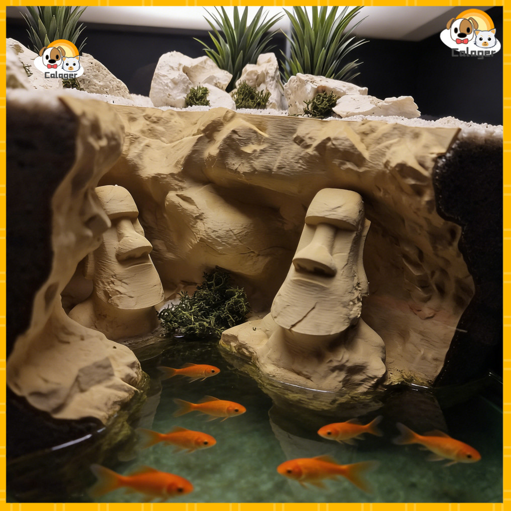 [Calager] Aquarium Tunnel Multi Entrance Fish Cave Aquarium Cave Tunnel with Easter Island Moai รูปป