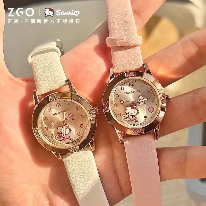 ZGO Sanrio นาฬิกาหญิงนักเรียนมัธยมต้น Luminous Hello Kitty Diamond Dial เด็กขนาดเล็ก#正港ZGO三丽鸥手表女中学生夜