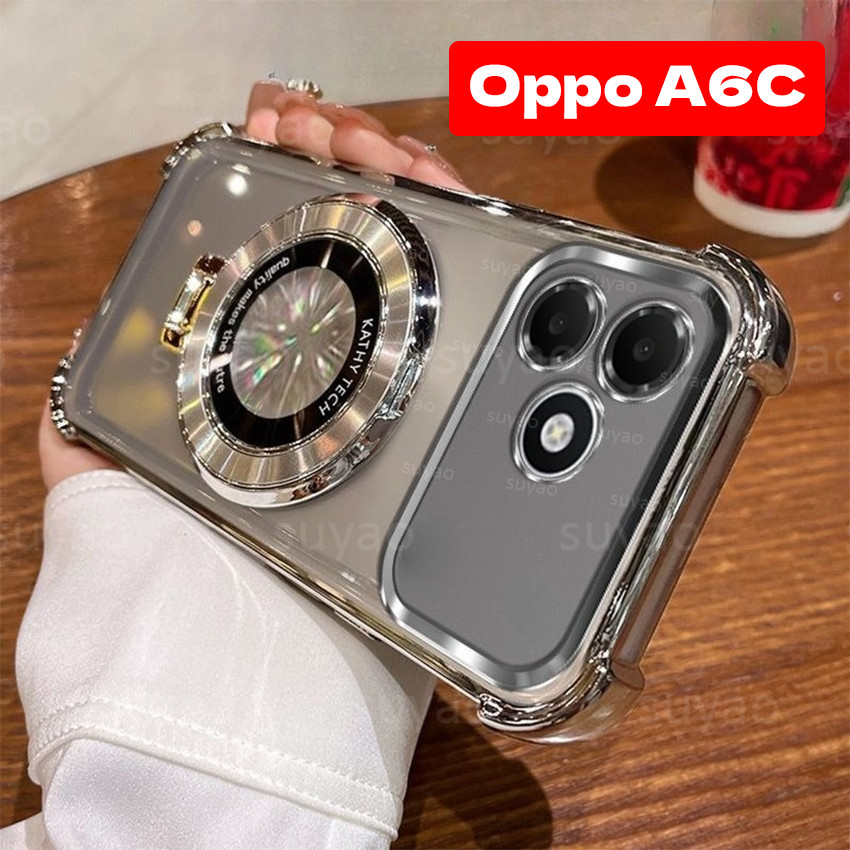 สําหรับOppo A6C 2026 สี่มุมAnti Dropขาตั้งแม่เหล็กผู้ถือเคสโทรศัพท์TPUปลอกใสOppoA6C A6S A6X A6T Electroplatedโปร่งใสถุงลมนิรภัยกันกระแทกป้องกันนุ่มปกหลัง