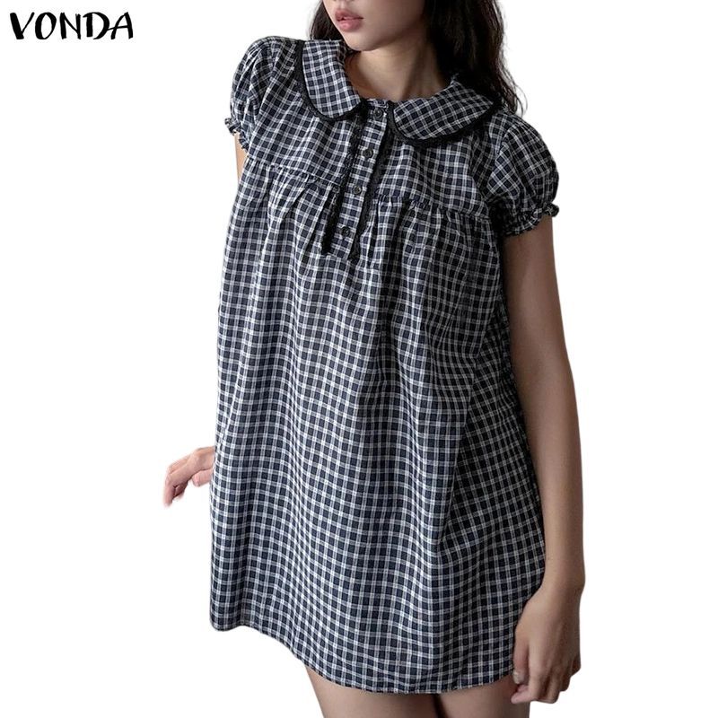 VONDA ชุดเดรสสไตล์วิทยาลัย girly สำหรับผู้หญิง ดีไซน์แขนพัฟและลายสก๊อต พร้อมรายละเอียดลูกไม้ splice