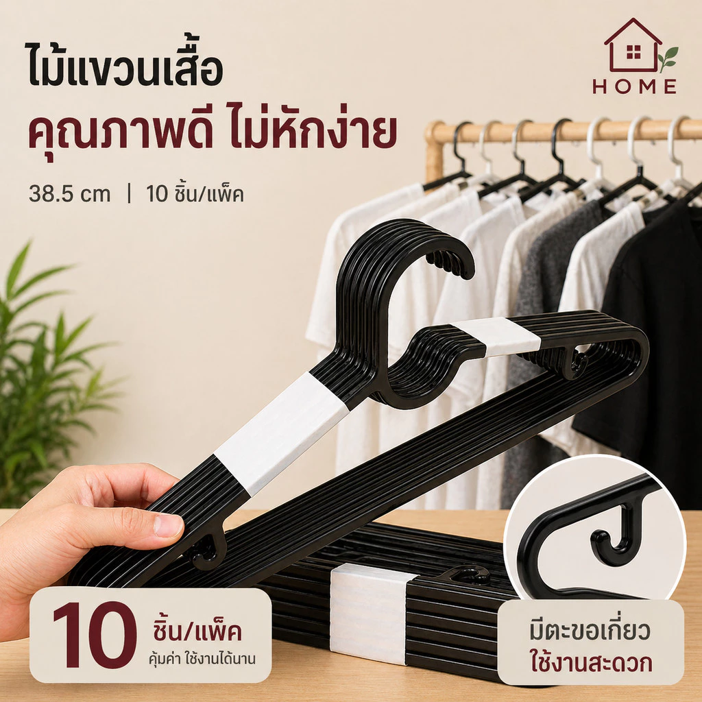 Home007 ไม้แขวนเสื้อ 10 ชิ้น/แพ็ค ยาว 38.5cm พลาสติกหนา ไม่หักง่าย มีตะขอเกี่ยว ไม้แขวนผ้า เสื้อ กางเกง Clothes Hanger