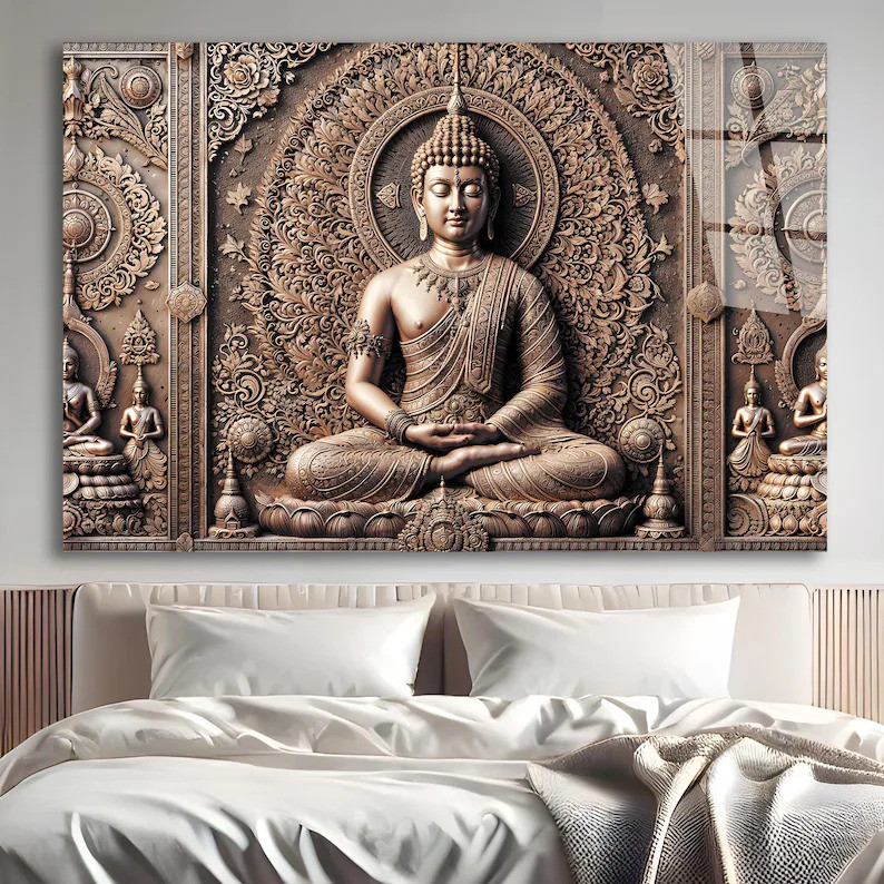 ภาพวาดผ้าใบพระพุทธรูปสําริด ไม่มีกรอบ, ตกแต่งผนังรูปปั้นพระพุทธรูป, ภาพจิตรกรรมฝาผนัง, ตกแต่งผนังขนาดใหญ่, ตกแต่งอินเ