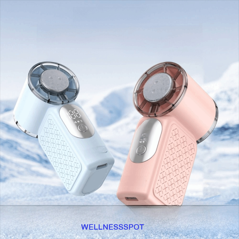 WELLNESSSPOT พัดลมมือถือ Ice-Cooling การไหลของอากาศทําความเย็นอย่างรวดเร็วในตัวแบตเตอรี่แบบชาร์จไฟได