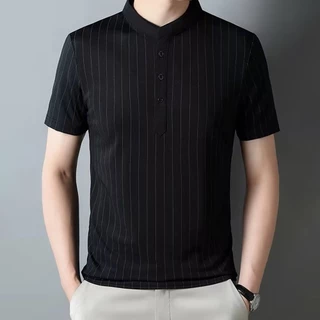 Chaistyle เสื้อยืดผู้ชาย คอตั้งโปโล มีกระดุม ลายทาง แบบบาง รัดรูป สบายๆ รุ่นใหม่ ระบายอากาศได้ดี เย็นสบาย