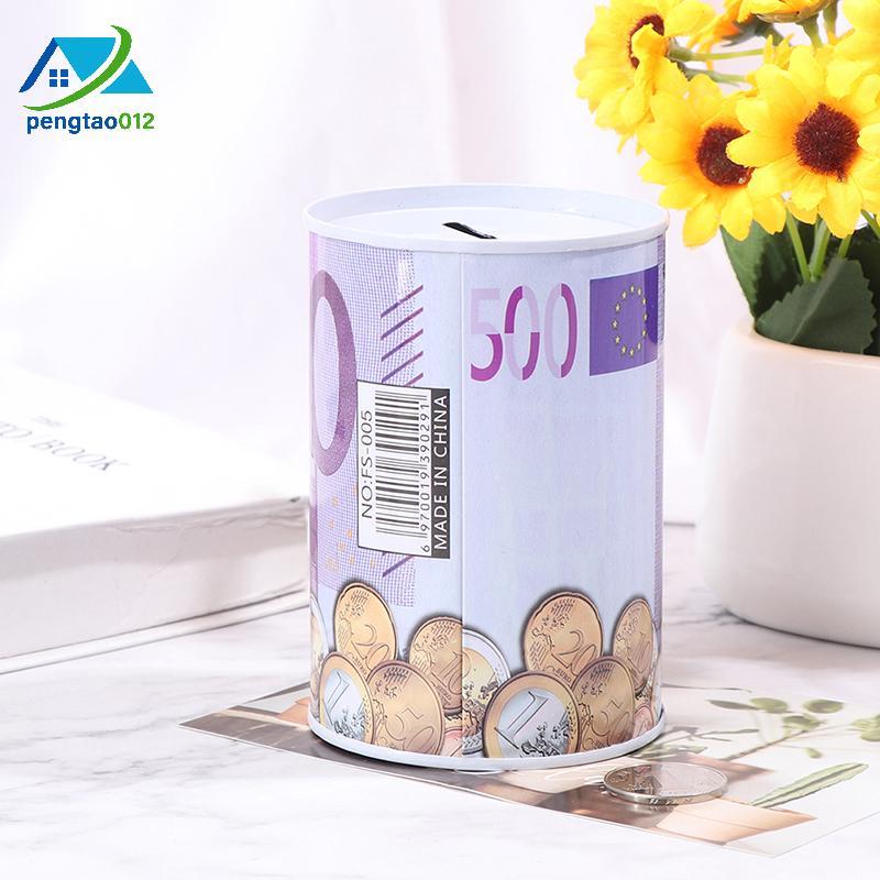Pengtao12 Tinplate กระบอก Piggy Bank Euro Dollar รูปภาพกล่องในครัวเรือนประหยัดเงินกล่องใหม่