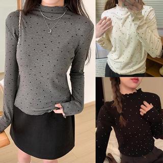 [READY STOCK ] Long-SleevedStar ShopHigh-Neck Polka Dot Bottom T-ShirtKoreanRetro Slim Fit Top Can Be WornOutside