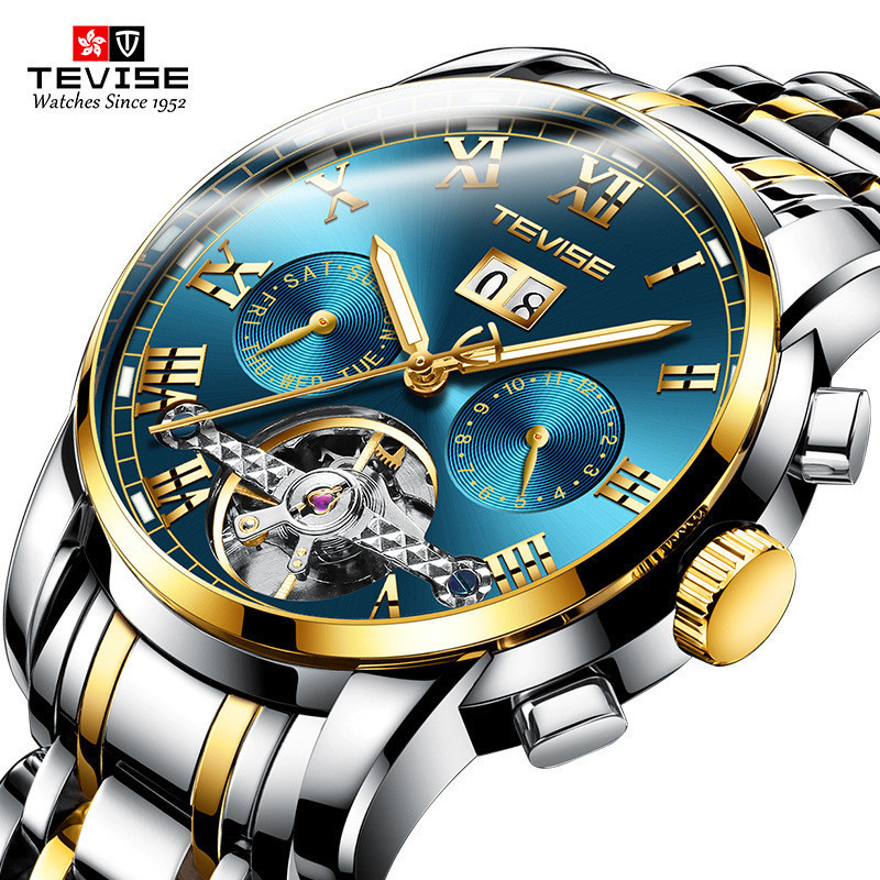 TEVISE Tourbillon ปฏิทินนาฬิกาผู้ชายคลาสสิกนาฬิกาแฟชั่นลําลองนาฬิกากลไก