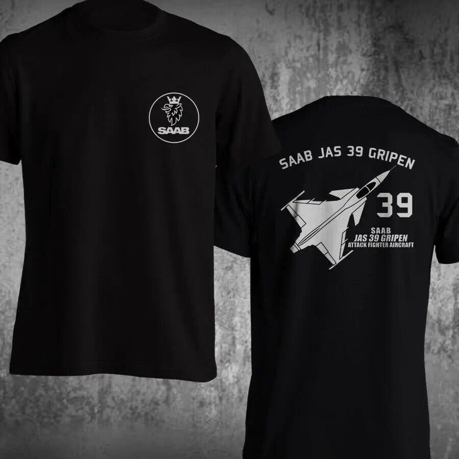 เสื้อยืดคอกลมแขนสั้นผ้าฝ้ายสำหรับผู้ชาย รูปแบบโลโก้ Swedish Saab Jas 39 Gripen