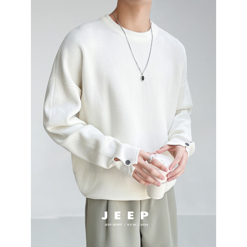 Jeep High-End Textured เสื้อกันหนาวสีขาวผู้ชายฤดูหนาวเกาหลีรุ่นออกแบบ Cuff ปุ่ม Bottoming เสื้อกันหน