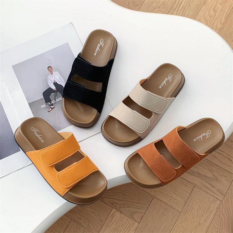 Boken Small Toast Velcro รองเท้าแตะรองเท้าแตะแฟชั่นสวมใส่ด้านนอก All-Match Lazy Beach Suede ผู้หญิงร