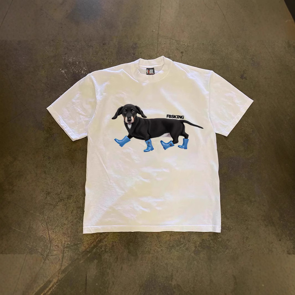 American oversize Blue Shoes Dog Print Couple Loose Short-Sleeved T-Shirt Male 5.4