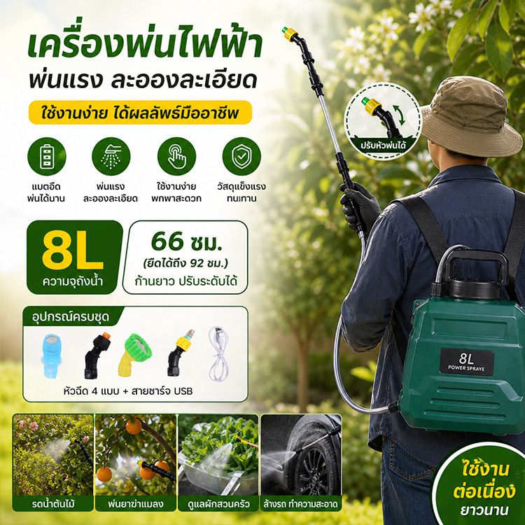 แถมหัวฉีด 4 หัว ถังพ่นยา 5L/8L เครื่องพ่นยาแบตเตอรี่ รดน้ำดอกไม้และใส่ปุ๋ย ปรับได้สองระดับ เครื่องพ่นยา