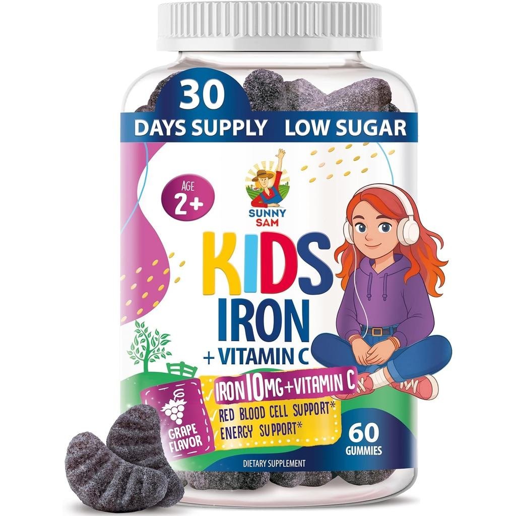 SUNNY SAM Iron Gummies สําหรับเด็กและวัยรุ่น - วิตามินเหล็ก 10 มก. พร้อมวิตามินซี - อาหารเสริมกัมมี่เคี้ยวน้ําตาลต่ําสําหรับรองรับภูมิคุ้มกัน, รองรับการผลิตเซลล์เลือดแดงสําหรับเด็ก