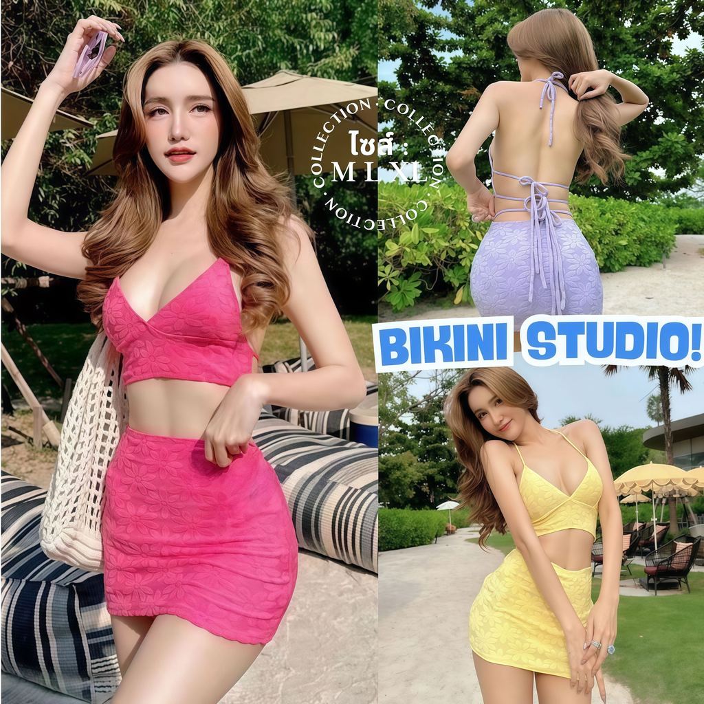 BIKINI STUDIO  บิกินี่ ชุดว่ายน้ำ กระโปรงสั้น เซ็ต2ชิ้น📌มีไซส์ M L XL Y007