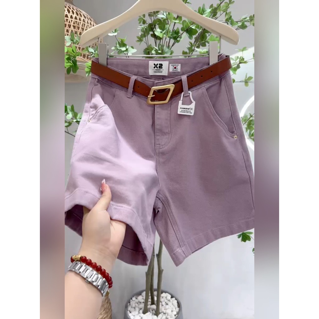 cicishop1 กางเกงขาสั้นสบาย Korean shorts กางเกงขาสั้นผ้าเดนิมเอวสูงทรงเอสีม่วงห้าจุด