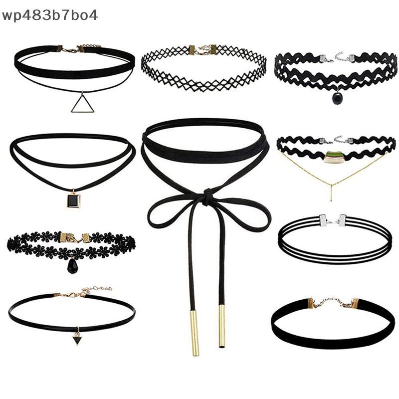 WPB สร้อยคอโชกเกอร์10ชิ้นสร้อยคอสีดำคลาสสิกแบบกอธิคยืดกำมะหยี่