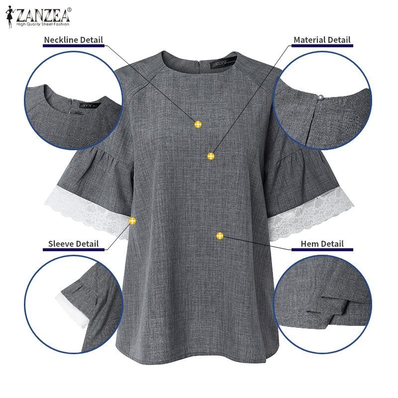 ZANZEA ใส่ ซานเซีย ผู้หญิงเกาหลีสบายๆรอบคอครึ่งแขนหลวมนัวเนียแขนลูกไม้ ประกบกัน เสื้อ — صورة 7