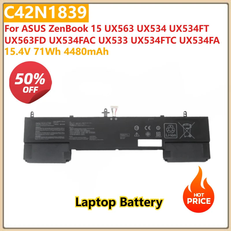 แบตเตอรี่แล็ปท็อป C42N1839 15.4V 71Wh 4480mAh สําหรับ ASUS ZenBook 15 UX563 UX534 UX534FT UX563FD UX