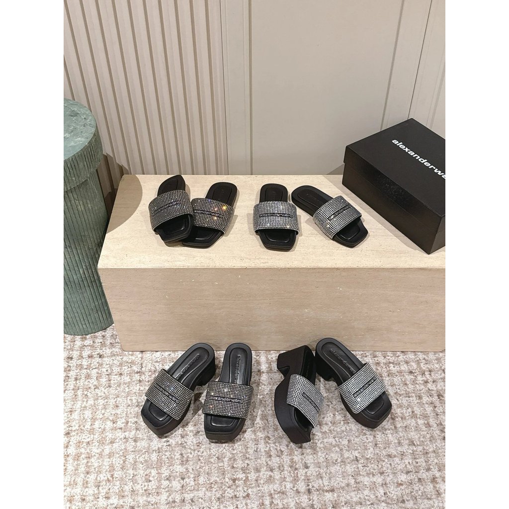 Alexander Wang Alexander Wang Full Diamond รองเท้าแตะหนาSoled Square Toe One-Line Strap ฤดูร้อนขายร้