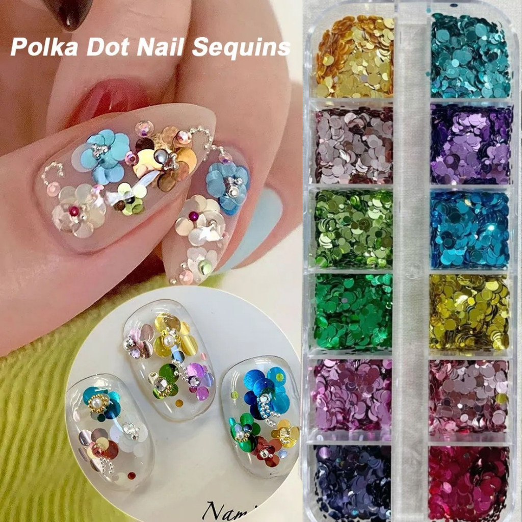 12 ตาราง Polka Dot รอบเลื่อมอุปกรณ์แต่งเล็บ ins Retro Patchwork All-Match Polka Dot เลื่อมเล็บ