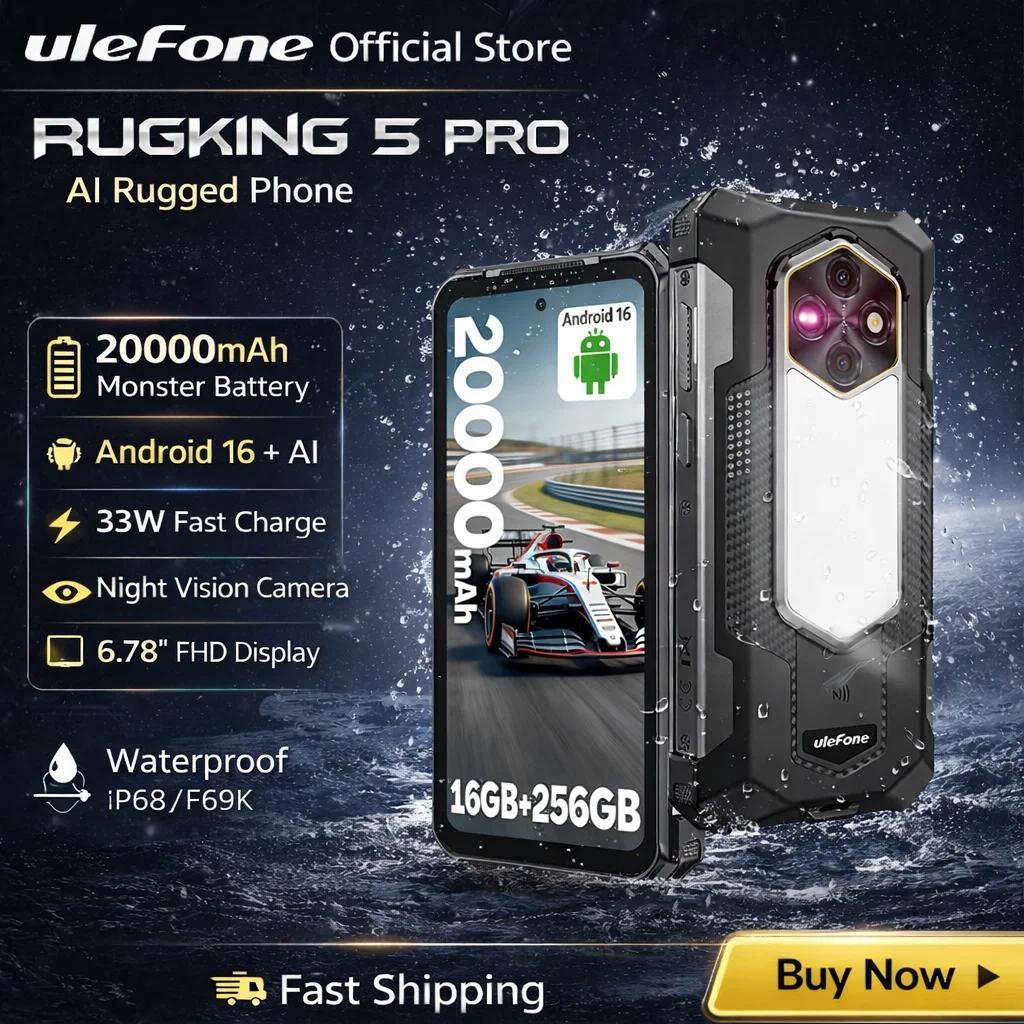 Ulefone RugKing 5 Pro 20000mAh โทรศัพท์ที่ทนทาน Android 16 16GB + 256GB 6.78 FHD + Night กล้อง 4G