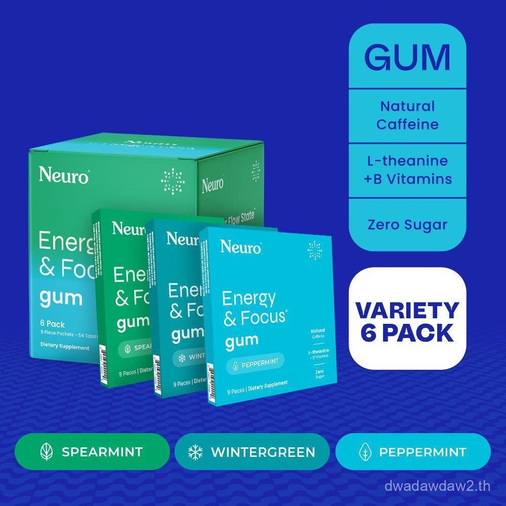 Neuro Energy Caffeine Gum สําหรับ Energy & Focus - ปราศจากน้ําตาลพร้อม L theanine, Caffeine, Vitamin