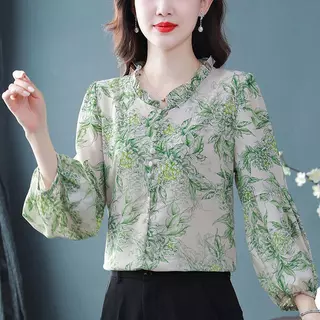 Chili Koko เสื้อเชิ้ตลายดอกไม้ผู้หญิง แขนยาวทรงหลวมใส่ผอมสไตล์หรูหรา เสื้อเชิ้ตผ้าชีฟองลายดอก คอระบายแขนยาว 99097