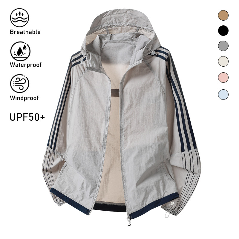 เสื้อแจ็กเก็ตแขนยาวกันน้ำ กันแดด คอปกตั้ง น้ําหนักเบา พับเก็บง่าย UPF50+ แจ็คเก็ตกันน้ำสำหรับผู้ชายและผู้หญิง
