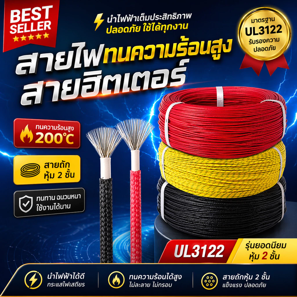 สายไฟทนความร้อนสูง หุ้ม 2 ชั้น UL3122 หรือสายฮีตเตอร์ทนความร้อนได้ถึง200องศา สายถักหุ้มซิลิโคนหนา