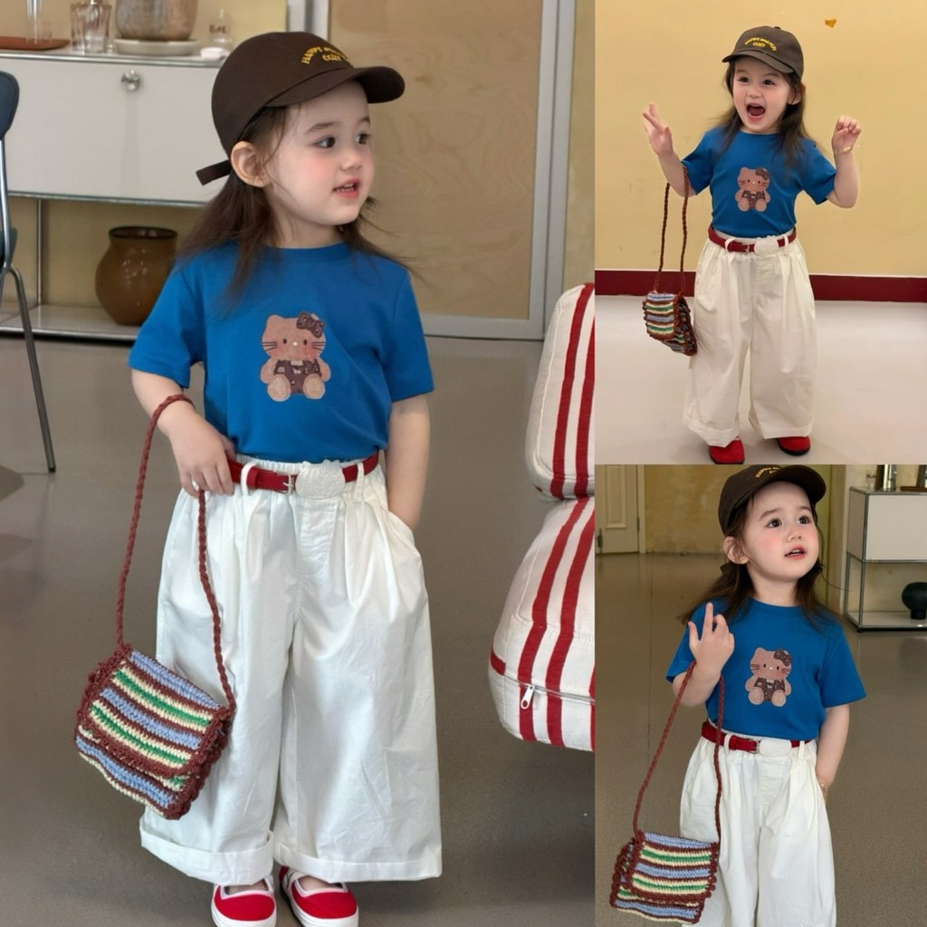 PRETTY BABY เสื้อยืดเด็ก เสื้อคอกลม ลายการ์ตูน กางเกงขายาว ทรงกระบอก แถมเข็มขัด(2145)
