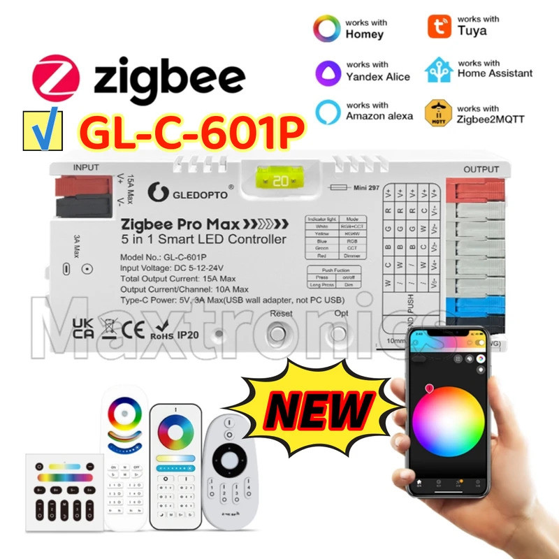 GL-C-601P 5 in 1 GLEDOPTO ZigBee 3.0 Pro LED Controller PWM Dimming Monochrome APP ควบคุมเสียงสําหรั