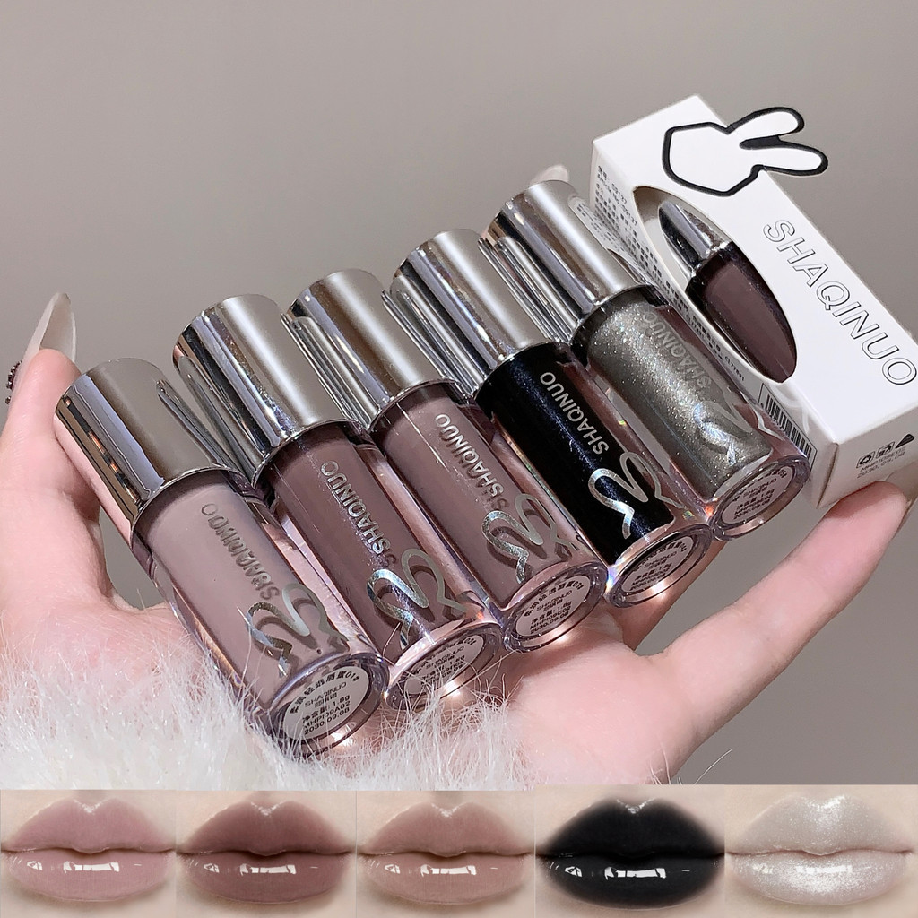 SHAQINUO Water Light Mirror Lip Gloss Lasting Moisturizing Cool สีดําเงินสีเทา Pearlescent Fine Sparkling ลิปสติก Lip Oil