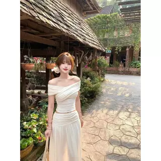 RedBeauty🌹เดรสเปิดไหล่ดีไซน์หรูสไตล์ฝรั่งเศส ชุดสวยหรูสำหรับฤดูร้อน/ฤดูใบไม้ผลิ เสื้อสีแอปริคอตและกระโปรงยาวเข้าชุดกัน