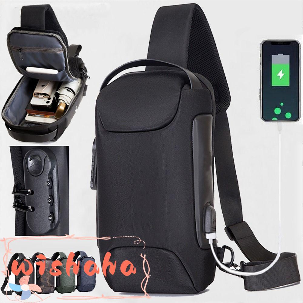 WISHAHA กระเป๋าสะพายข้าง, Messenger USB ชาร์จกระเป๋าหน้าอก, แฟชั่นลําลองกีฬากระเป๋าสะพายความจุขนาดใหญ่